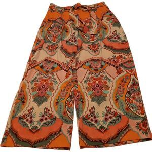 Elaine Rose Women's Large Wide Leg Cropped Pants Culottes Orange Teal Pink Belt